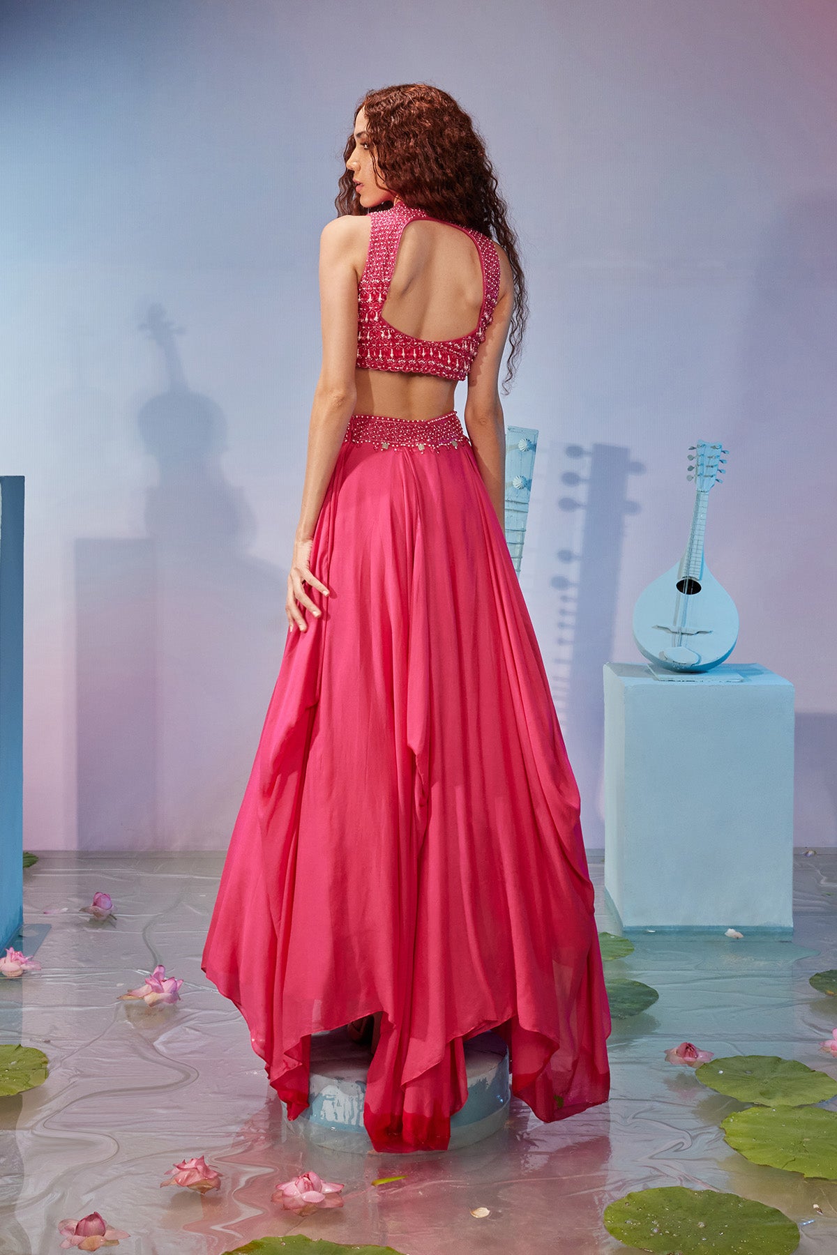Jacket style blouse with draped lehenga