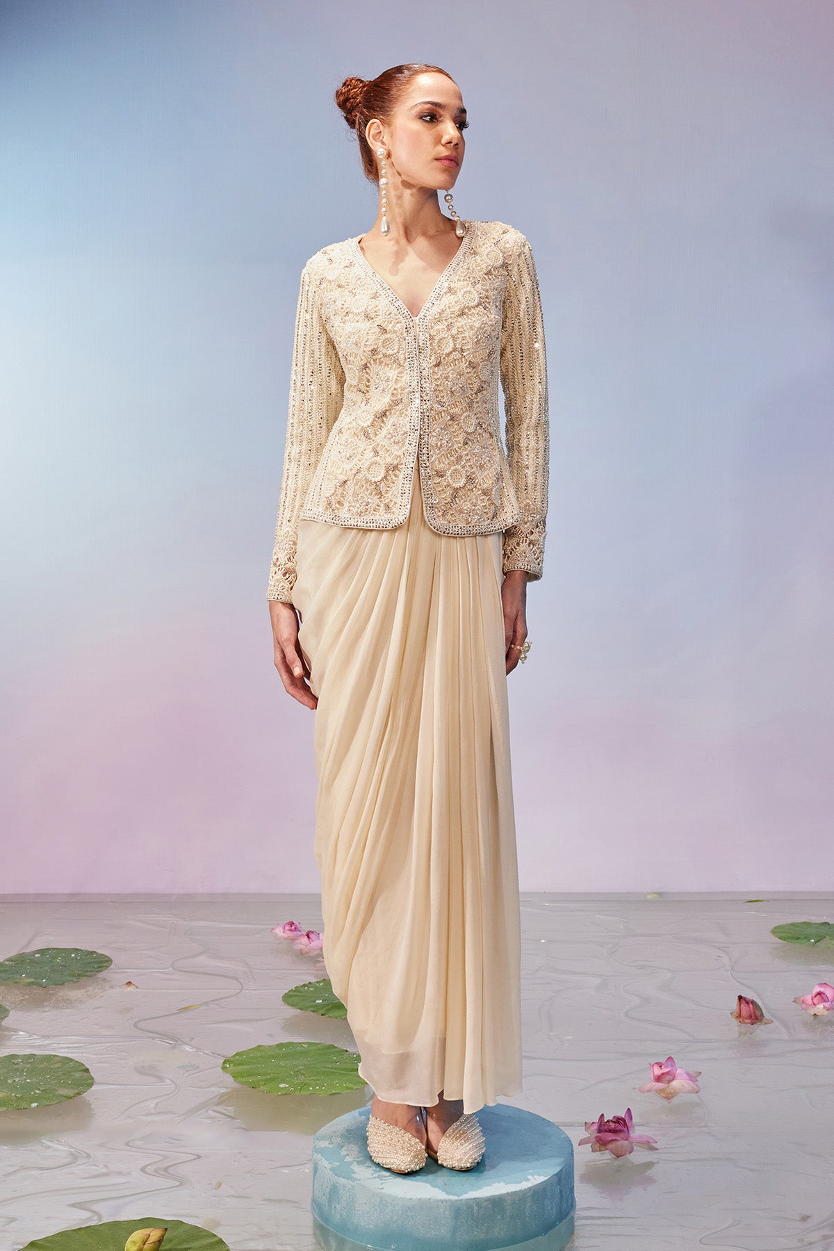 Hand embroidered cut work jacket with drape skirt