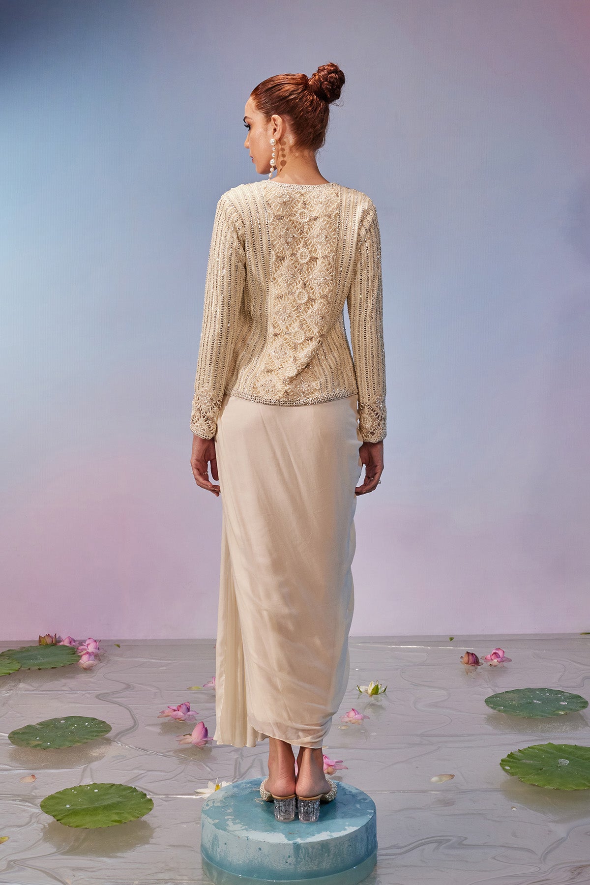 Hand embroidered cut work jacket with drape skirt