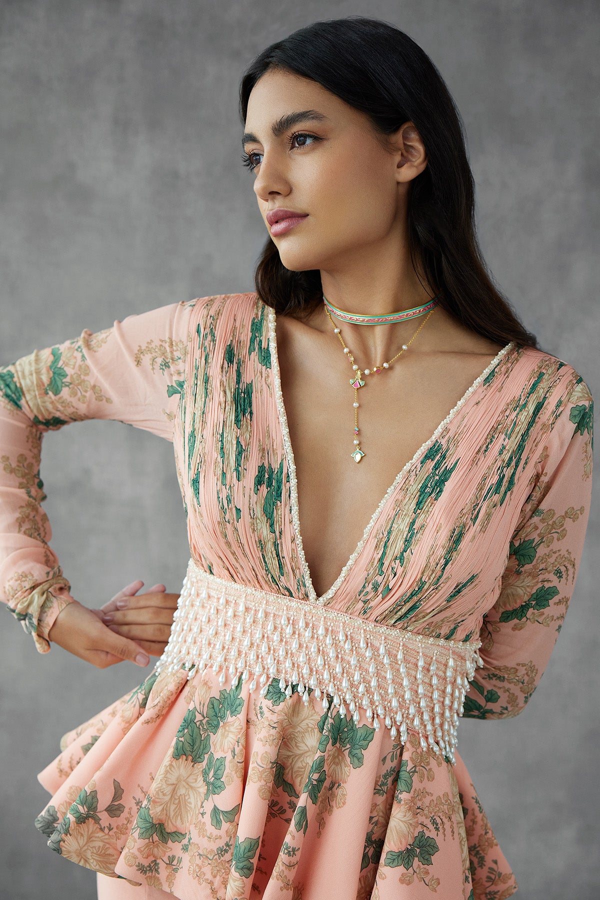 Printed Peplum With Embroidered Waist & Pants