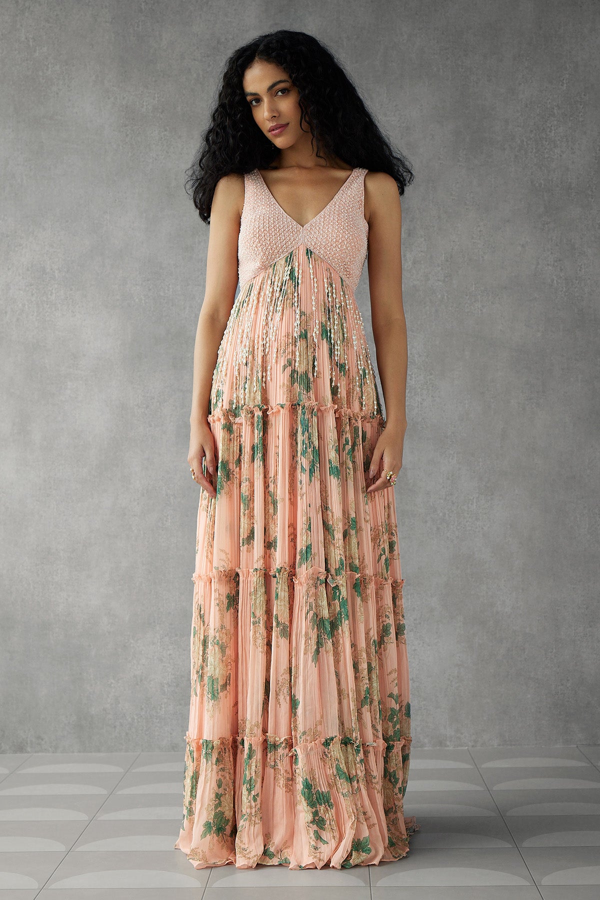 Blush Pink Printed Anarkali Set With Tassel Details