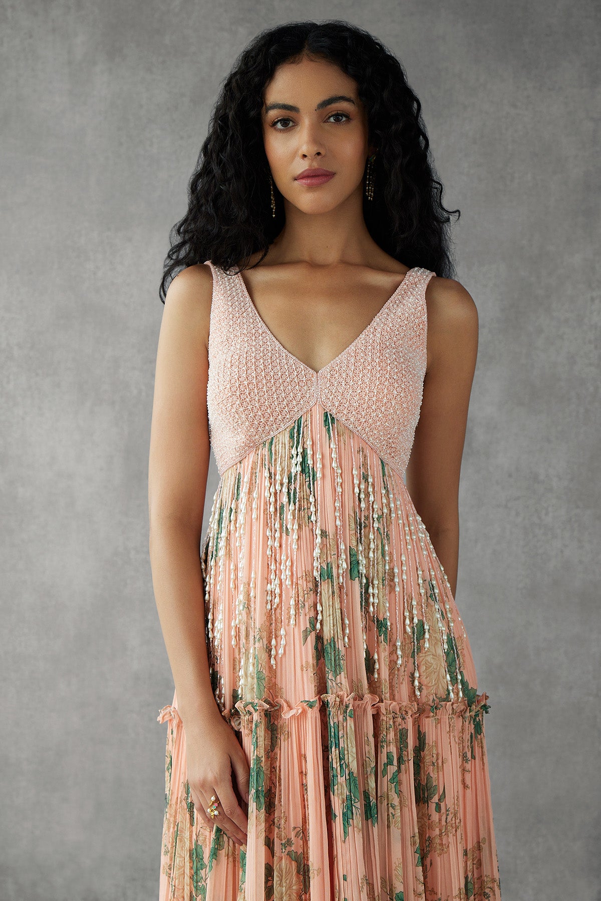 Blush Pink Printed Anarkali Set With Tassel Details