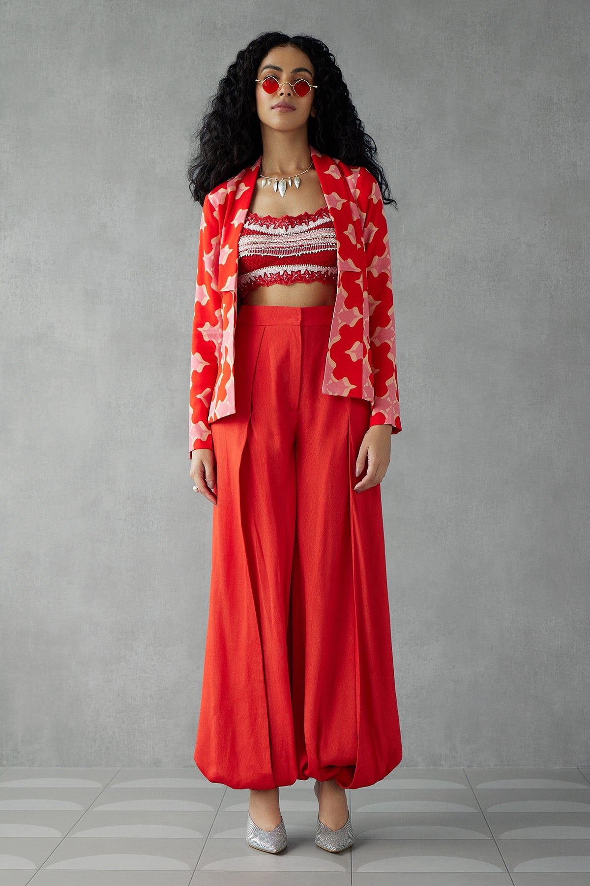 Red Jasmine Pants Paired With Printed Blazer Jacket & Embroidered Blouse