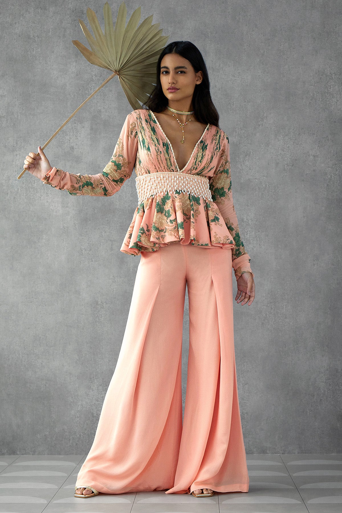 Printed Peplum With Embroidered Waist & Pants