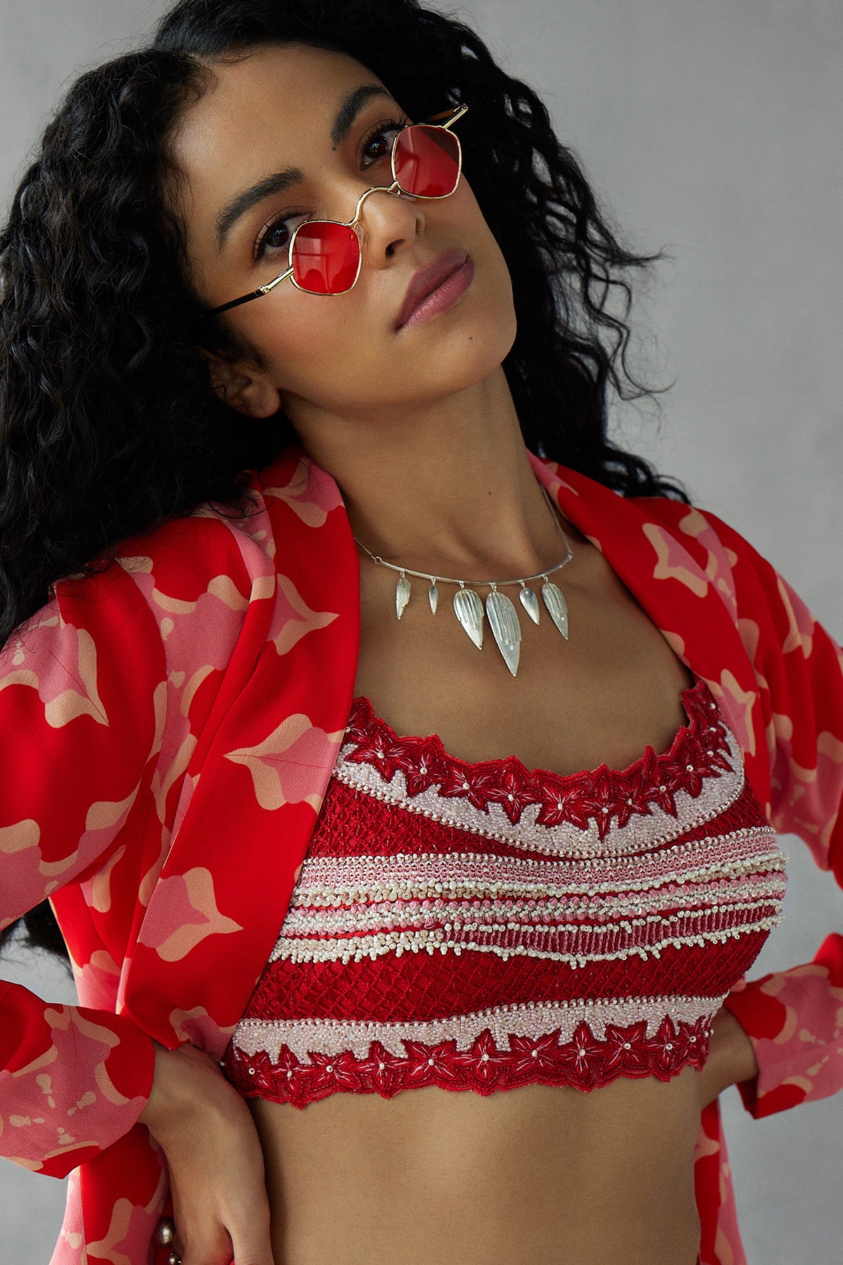 Red Jasmine Pants Paired With Printed Blazer Jacket & Embroidered Blouse