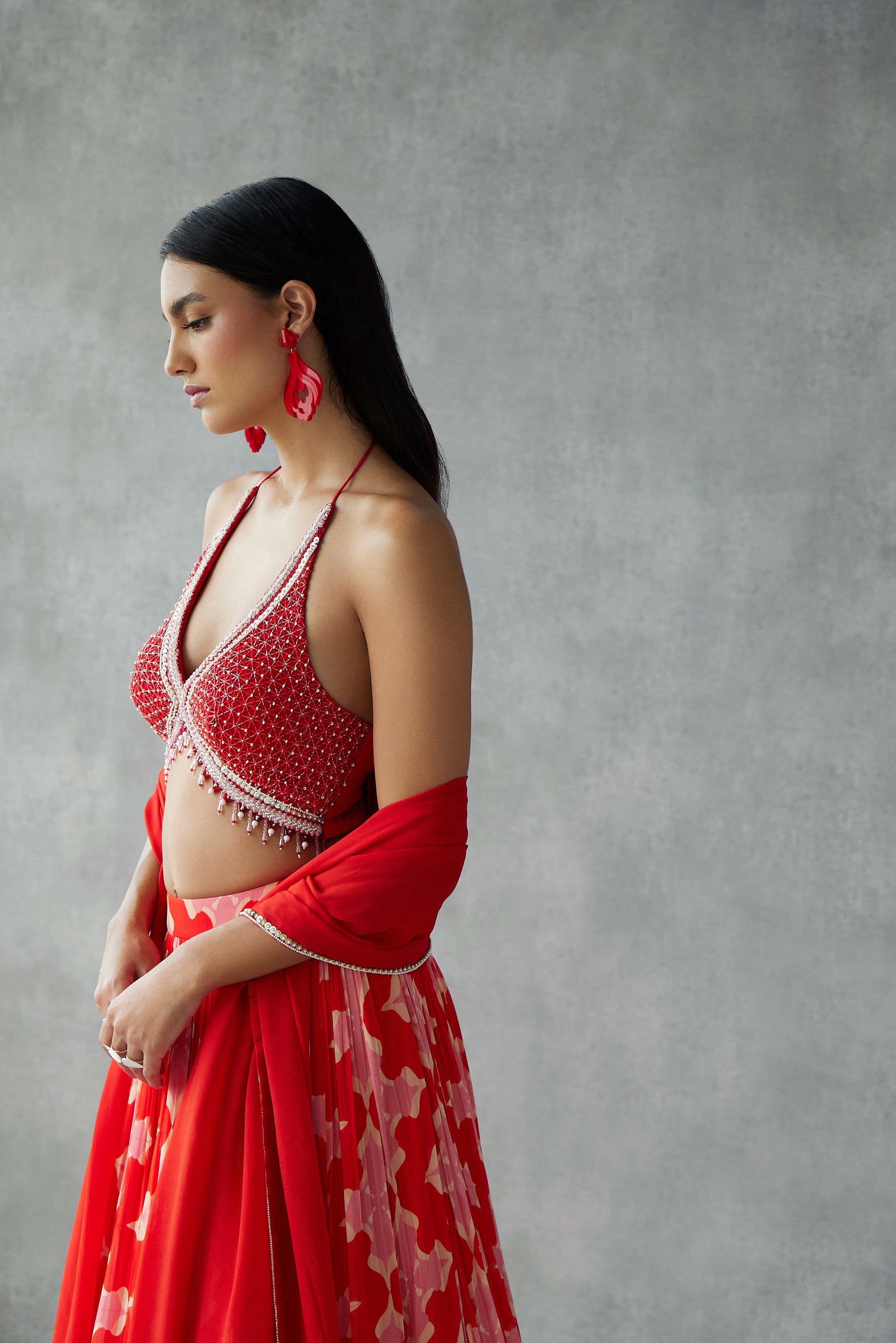 Printed Lehenga set with jaal blouse and dupatta