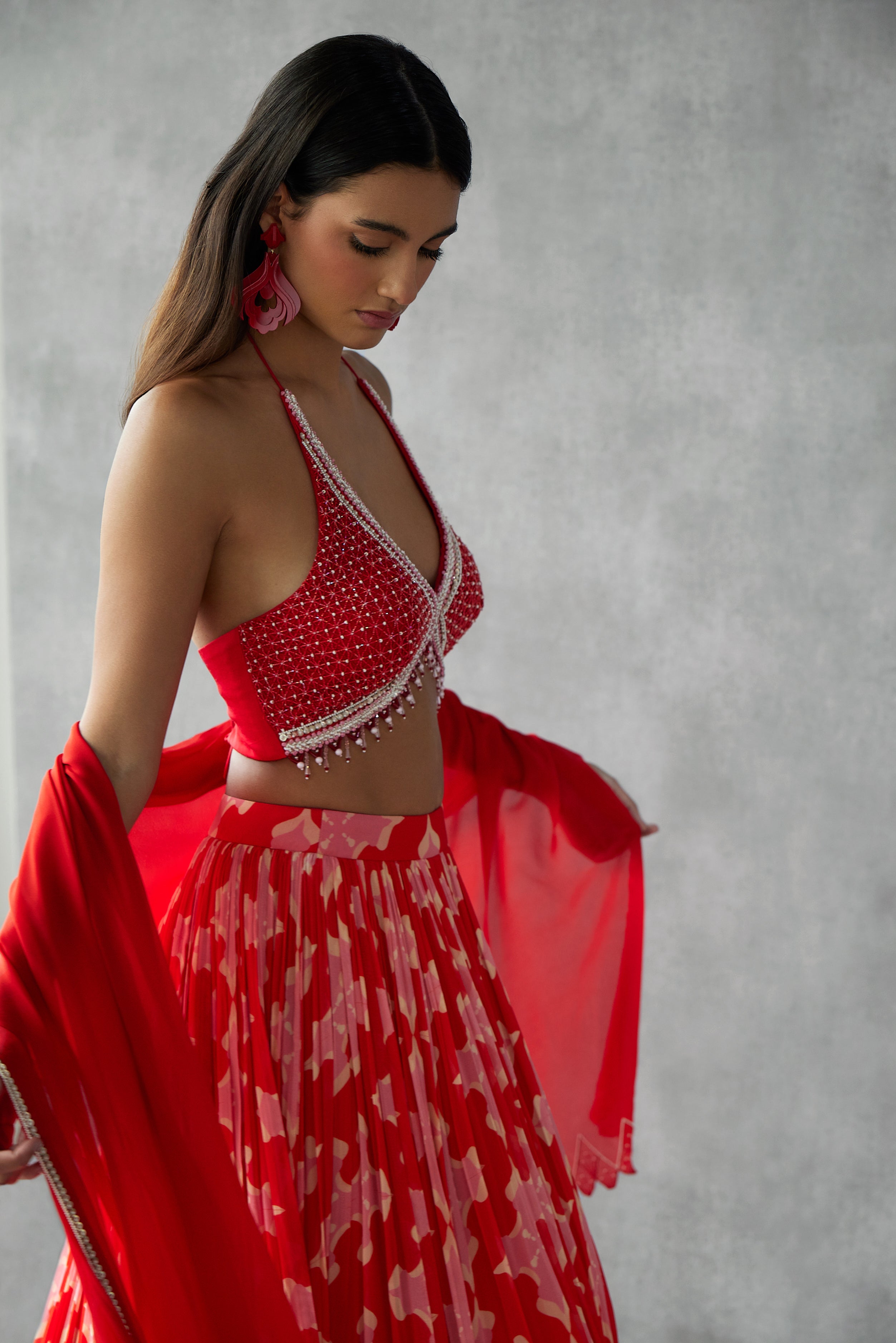 Printed Lehenga set with jaal blouse and dupatta