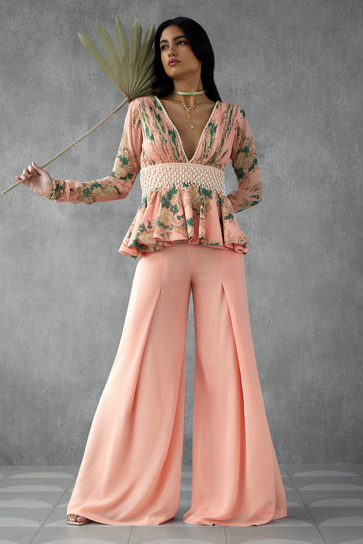 Printed Peplum With Embroidered Waist & Pants