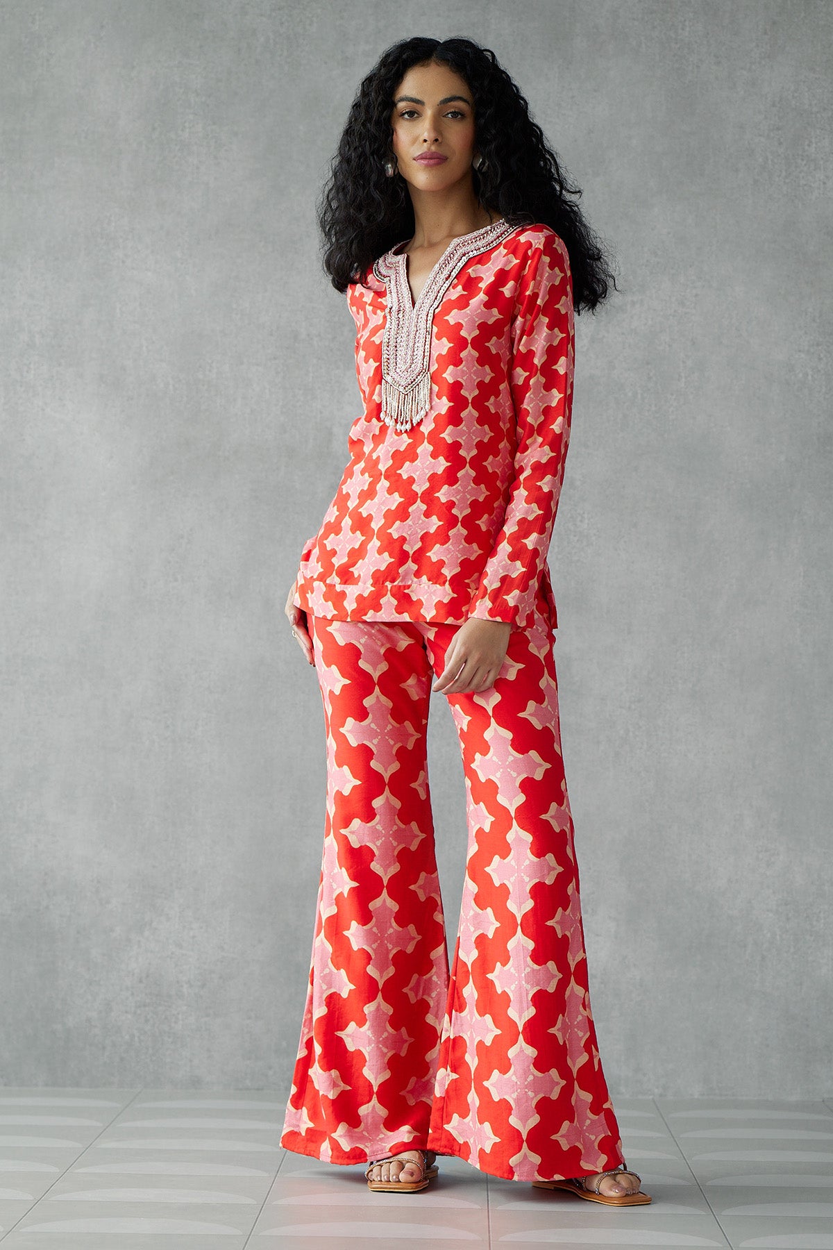 Red Printed Kurta Set With Pants