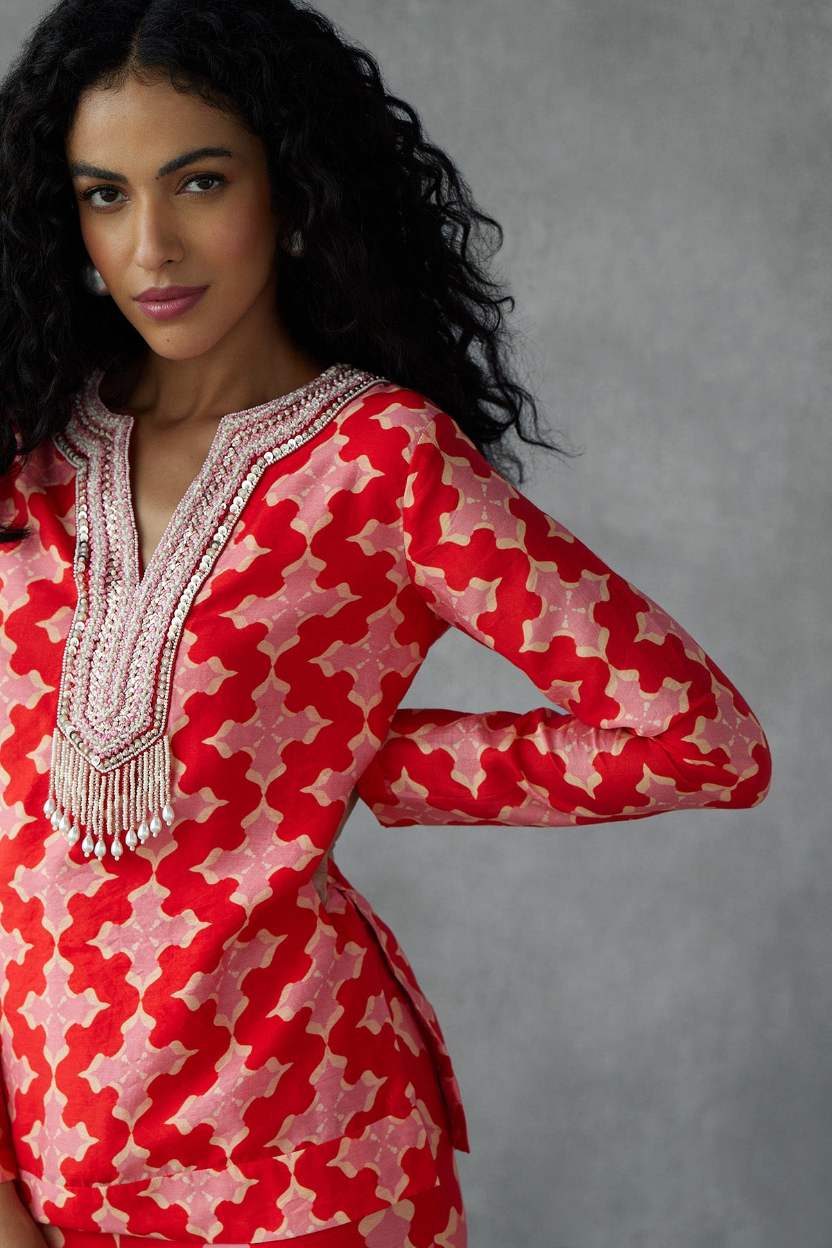 Red Printed Kurta Set With Pants