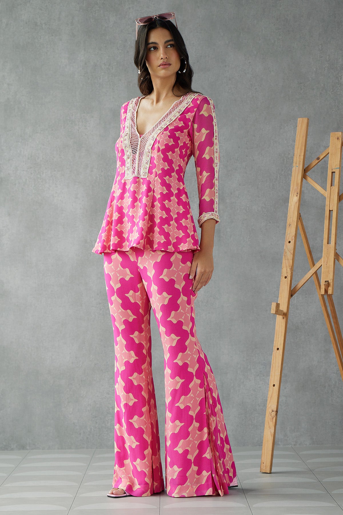 Knockout Pink Printed Kurta Set With Side Pleat Detail Pants