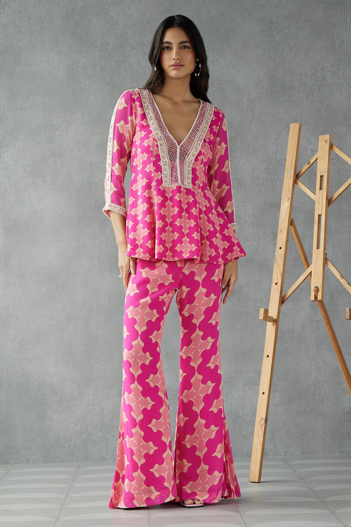 Knockout Pink Printed Kurta Set With Side Pleat Detail Pants