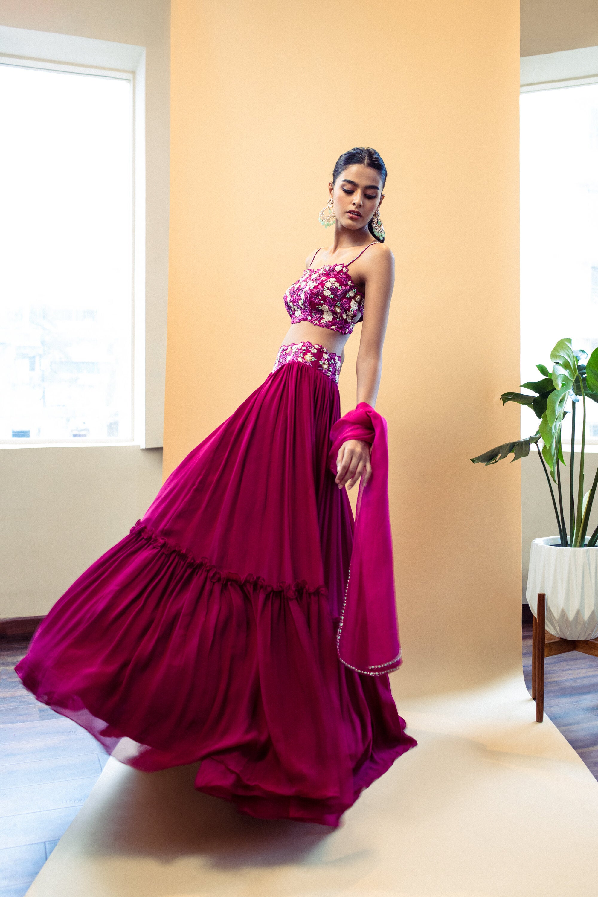 Wine color hand embroidered lehenga set