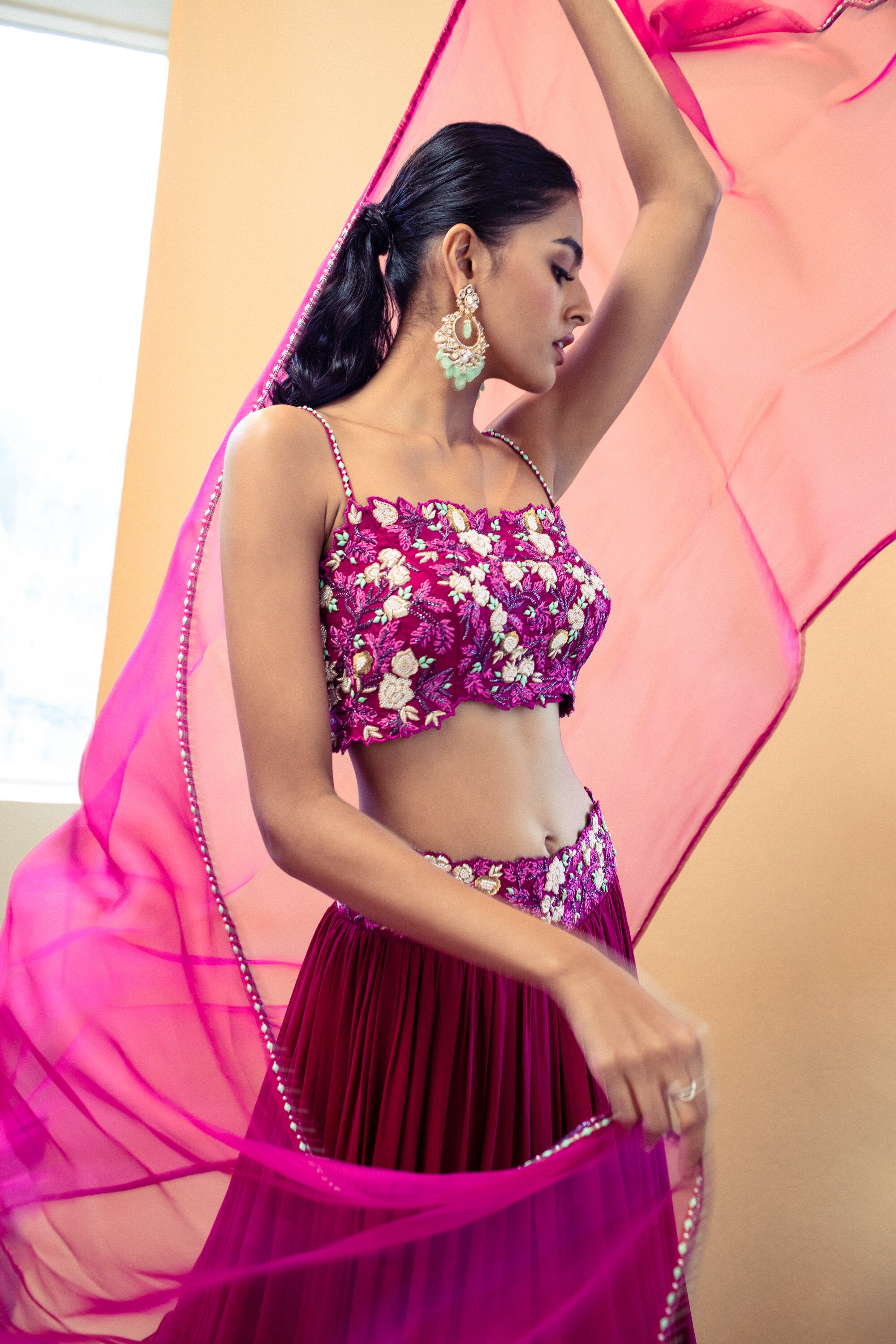 Wine color hand embroidered lehenga set