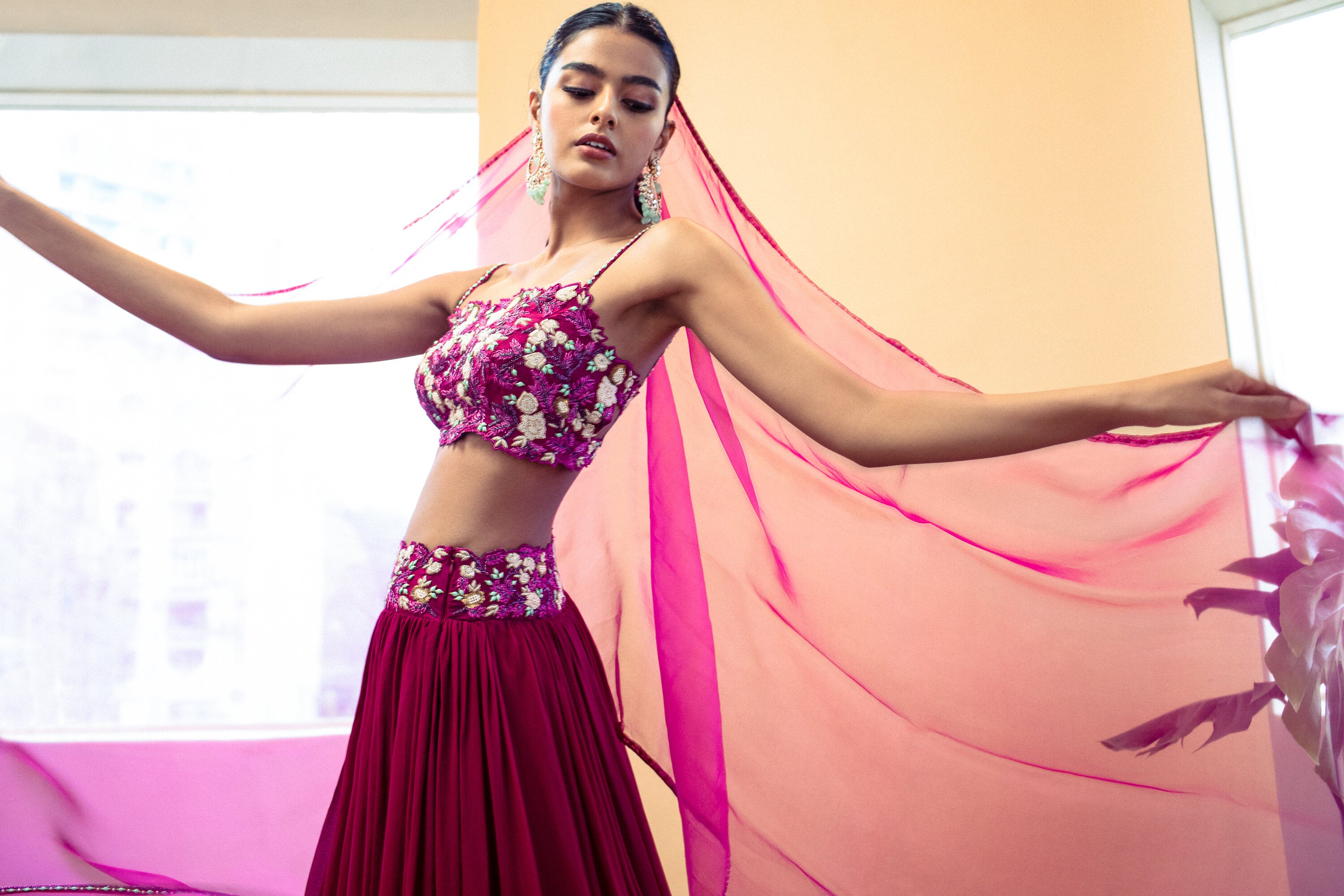 Wine color hand embroidered lehenga set