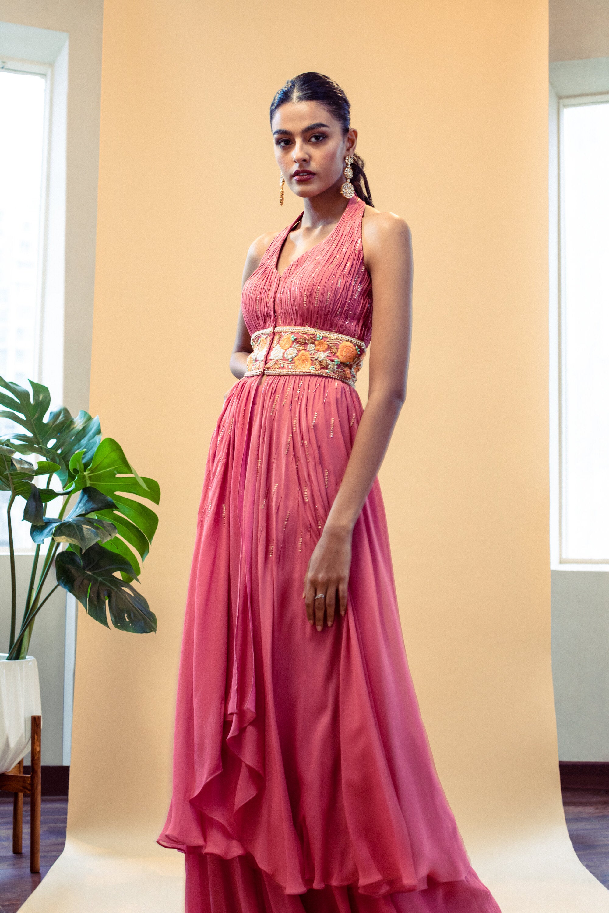 ⁠Pink halter hand embroidered waist embellished kurta with garara set