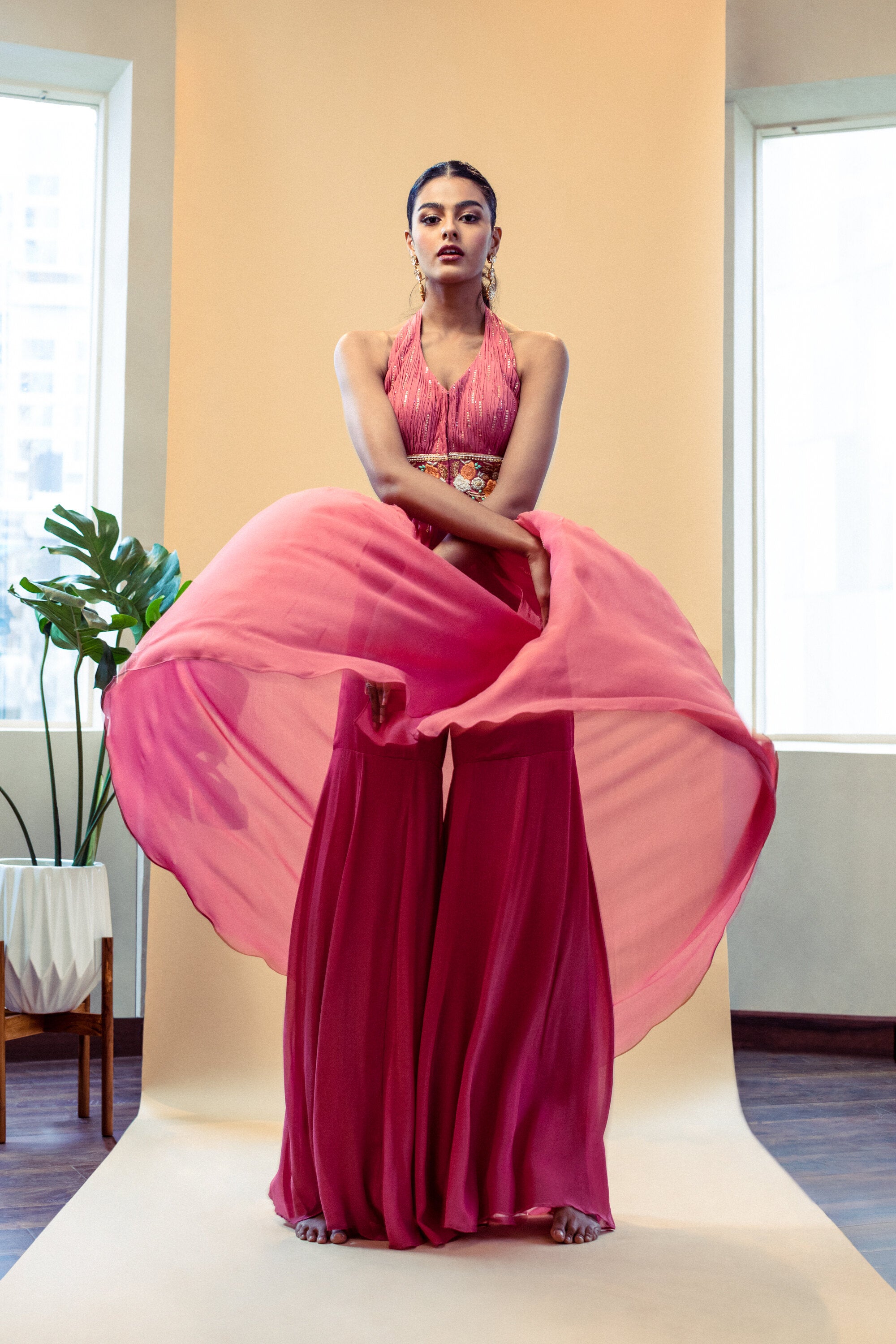 ⁠Pink halter hand embroidered waist embellished kurta with garara set