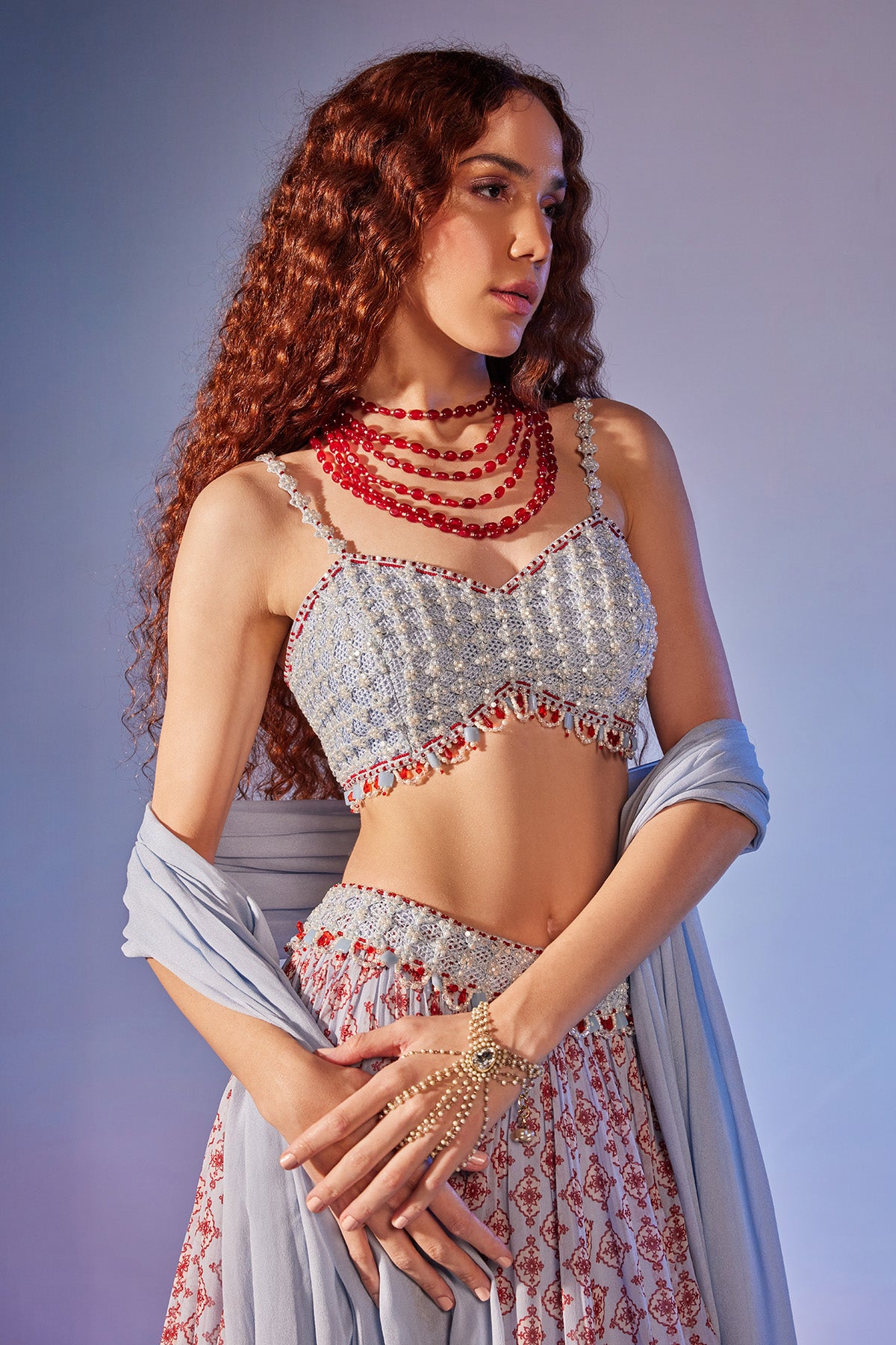 Jaali & cystal embellished printed lehenga set